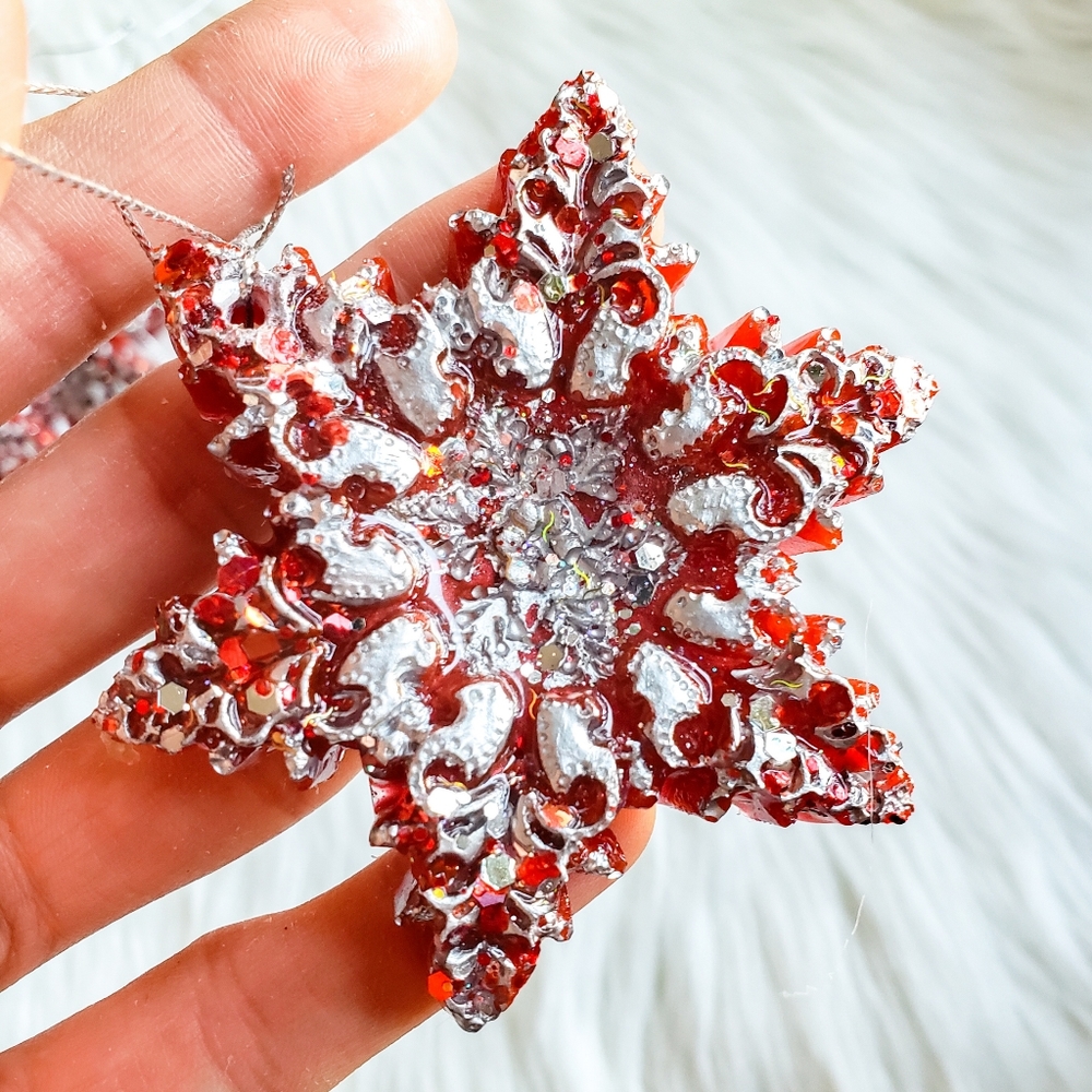 Handmade Christmas Tree Ornaments, Star, Snowflake, Red / Silver - Picture 7 of 11